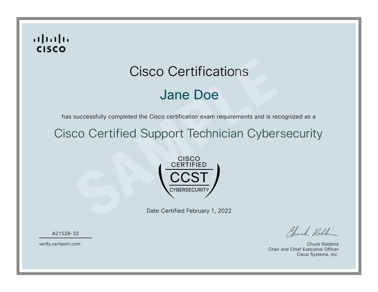 Cisco · Cybersecurity — sample certificate