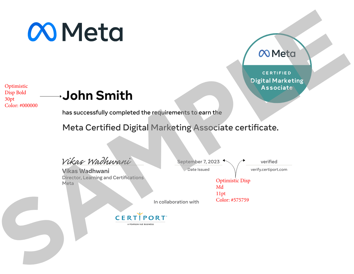 Meta Certified — sample certificate