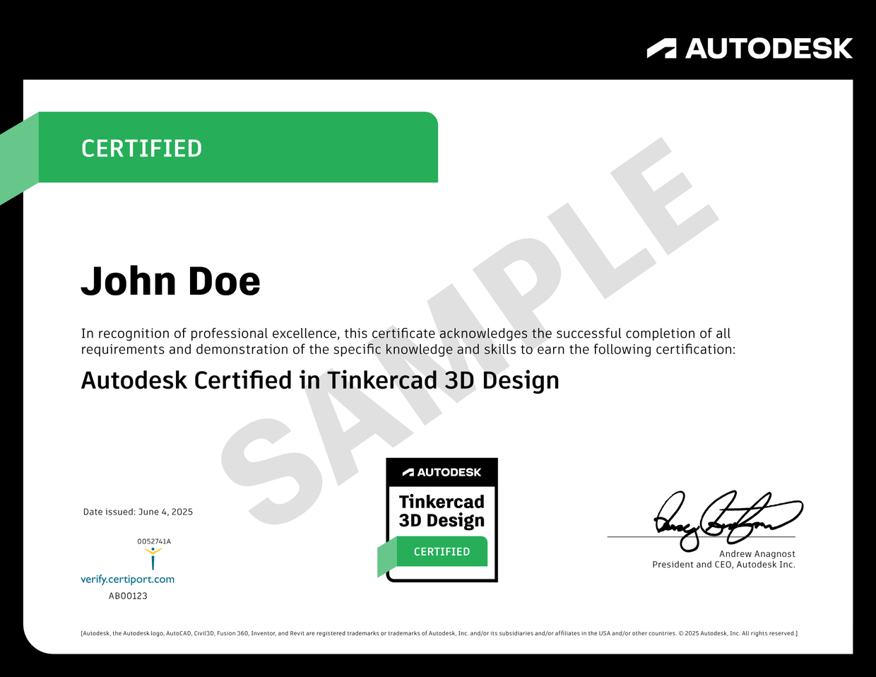 Autodesk · Tinkercad — sample certificate