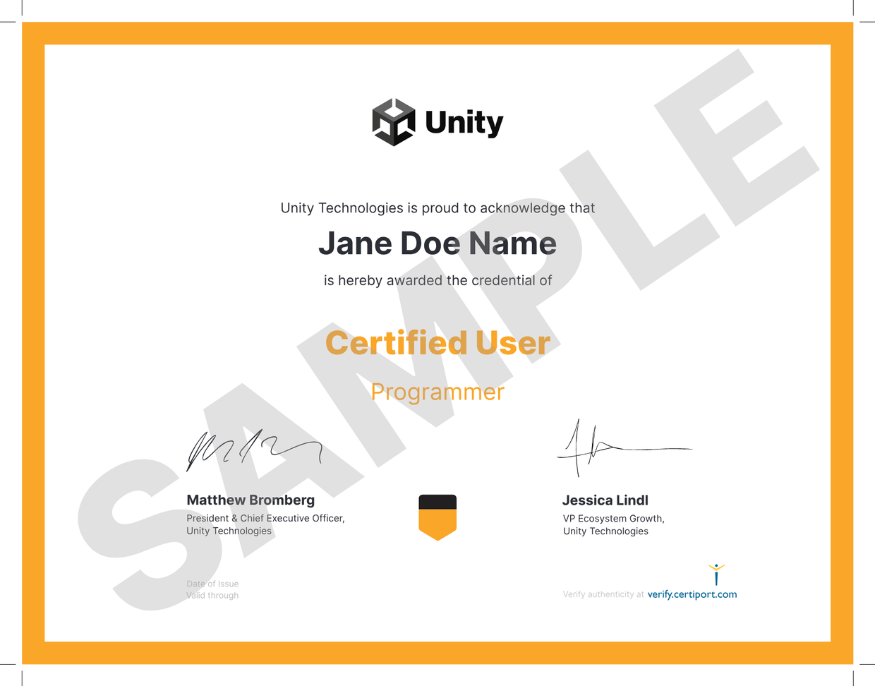Unity Certified User — sample certificate